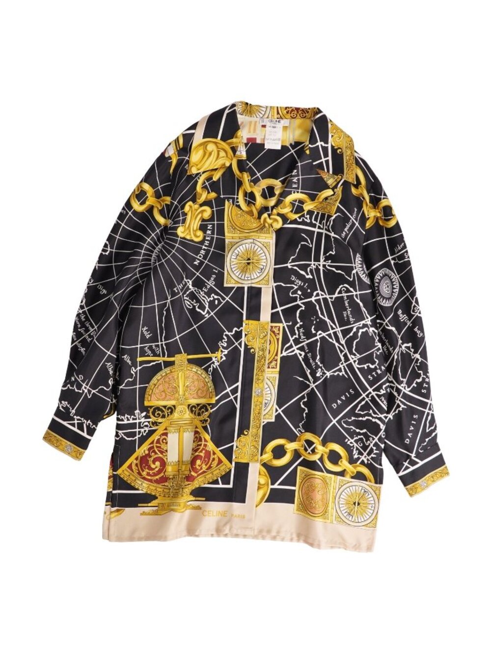 Celine Vintage Shirt Blouse Long Sleeve All Over Print Top Silk Multicolor 38